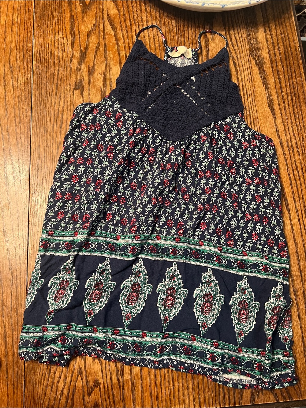 Sweet Journey Boho Navy Floral Crochet Yoke Camisole Tank
